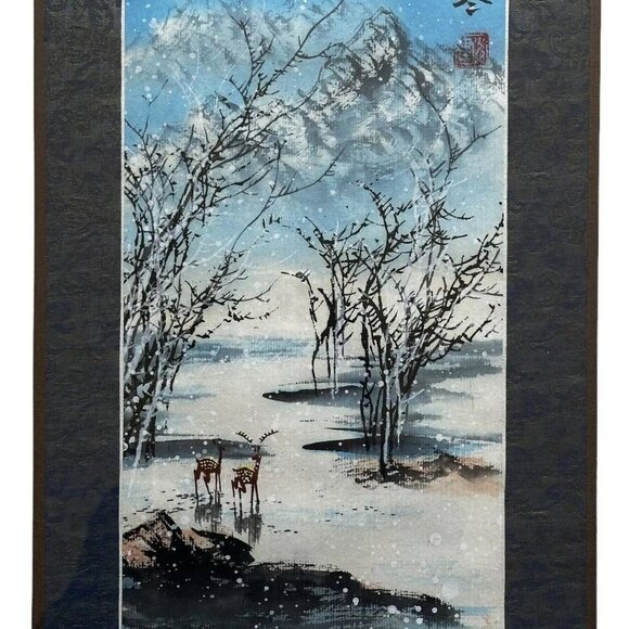 VTG Asian Watercolor Scroll‎ Paintings 4 Season Cherry Blossom Mountain 16" x 9" - Picture 8 of 11